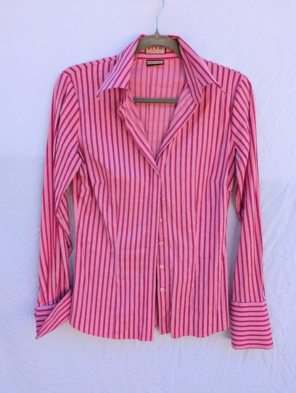 Vintage PINK Thomas Pink Striped Slim Fit Stretch Long Sleeve Button Down Shirt